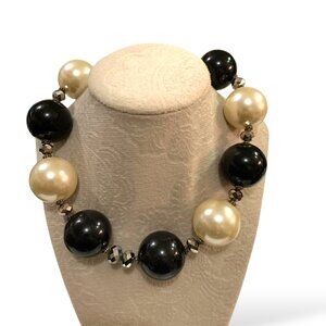 Black & White Beaded Statement Choker Necklace Oversized Faux Pearls 6" Extender